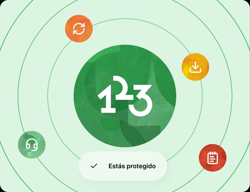 Gran logo 123 rodeado por íconos: recargar, descargar, auriculares y bloc de notas.